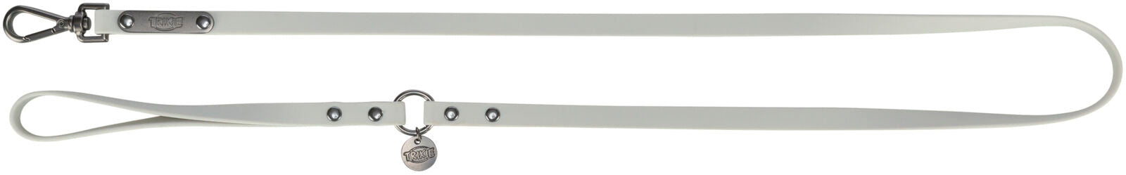 Weiße Hundeleine mit Metallkarabiner und Öse, Markenlogo auf Anhänger, glattes Material, keine sichtbare Musterung.