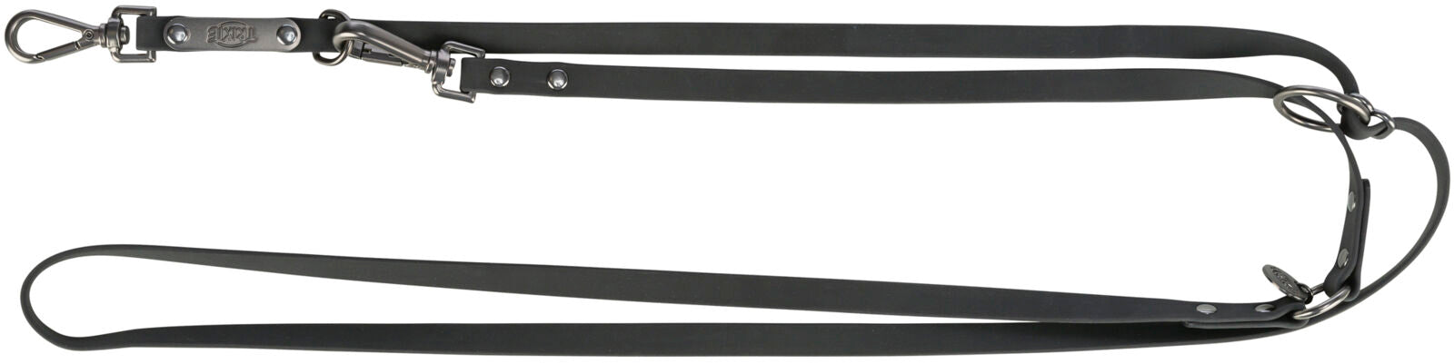 Schwarze Multifunktionsleine mit stabilen Metallkarabinern und mehreren Verstellmöglichkeiten für variablen Einsatz.