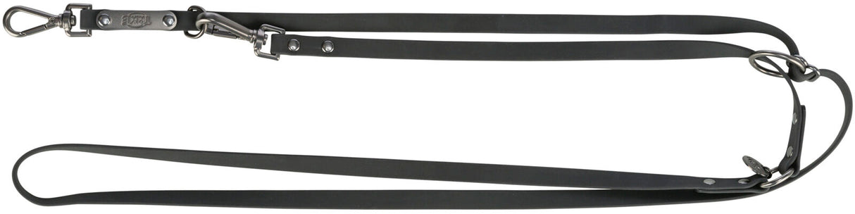 Schwarze Multifunktionsleine mit stabilen Metallkarabinern und mehreren Verstellmöglichkeiten für variablen Einsatz.