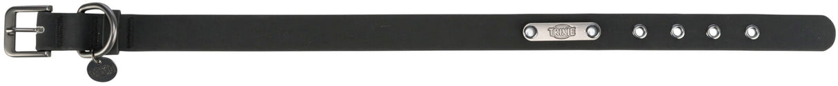 Schwarzes Halsband mit Metallschnalle und fünf Löchern, Metallplakette mit "TRIXIE" Gravur.