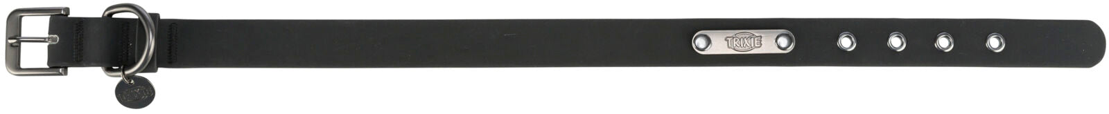 Schwarzes Halsband mit Metallschnalle und fünf Löchern, Metallplakette mit "TRIXIE" Gravur.