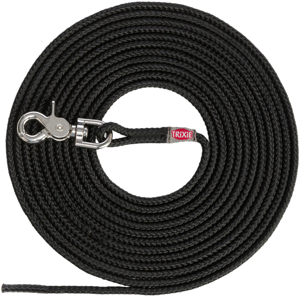 Schwarze, spiralförmig aufgerollte Hundeleine mit silbernem Karabinerhaken und rotem Etikett mit der Aufschrift "TRIXIE".