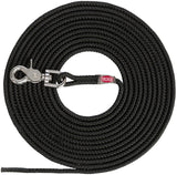 Schwarze, spiralförmig aufgerollte Hundeleine mit silbernem Karabinerhaken und rotem Etikett mit der Aufschrift "TRIXIE".