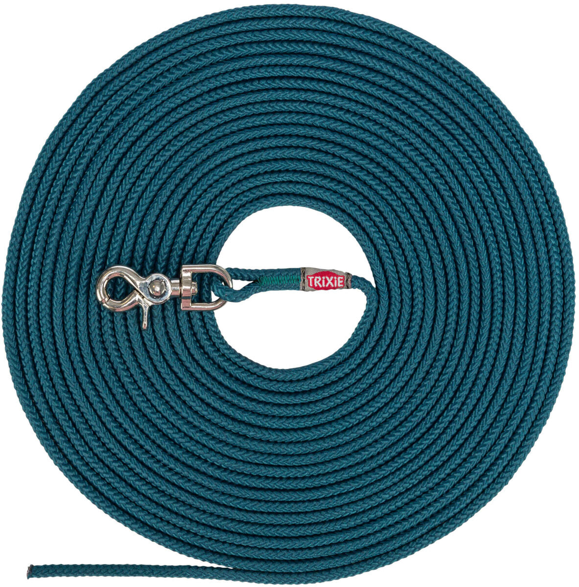 Lange, grüne Hundeleine mit silbernem Verschluss, aufgerollt und mit dem Label "Trixie".