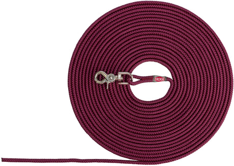 Rote, spiralförmig aufgerollte Hundeleine mit Metallclip, Marke "TRIXIE", auf weißem Hintergrund.
