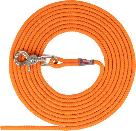 Orangefarbene Hundeleine aus geflochtenem Material mit einem silberfarbenen Metallkarabiner und einem "TRIXIE"-Label.