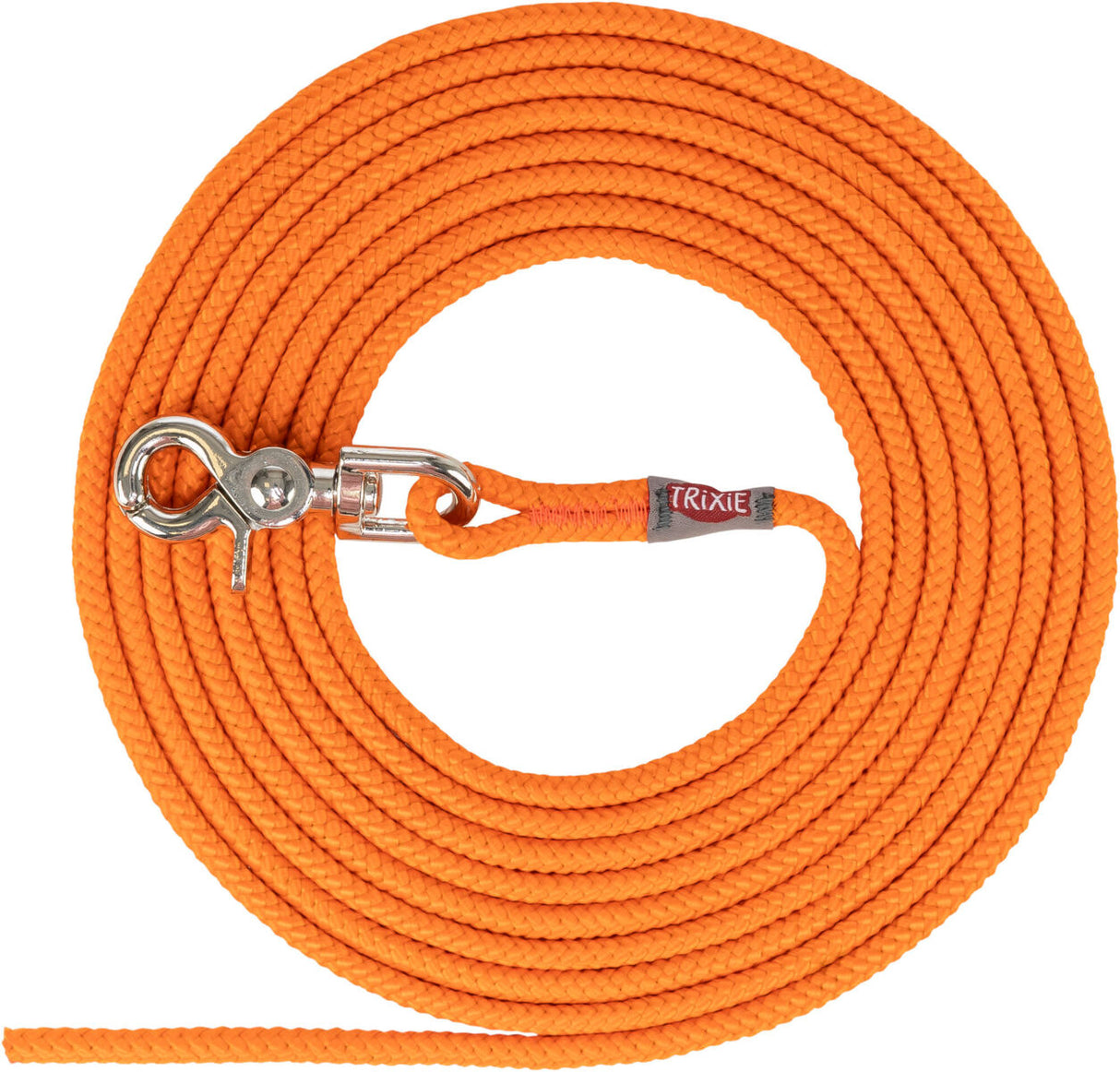 Orangefarbene Hundeleine aus geflochtenem Material mit einem silberfarbenen Metallkarabiner und einem "TRIXIE"-Label.