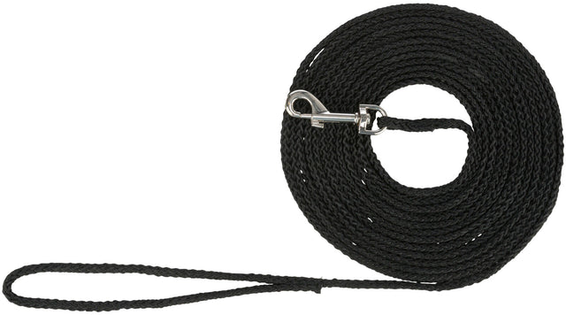 Schwarze, geflochtene Leine mit silbernem Karabinerhaken, aufgerollt liegend.