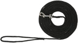 Schwarze, geflochtene Leine mit silbernem Karabinerhaken, aufgerollt liegend.