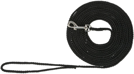 Schwarze, geflochtene Leine mit silbernem Karabinerhaken, aufgerollt liegend.