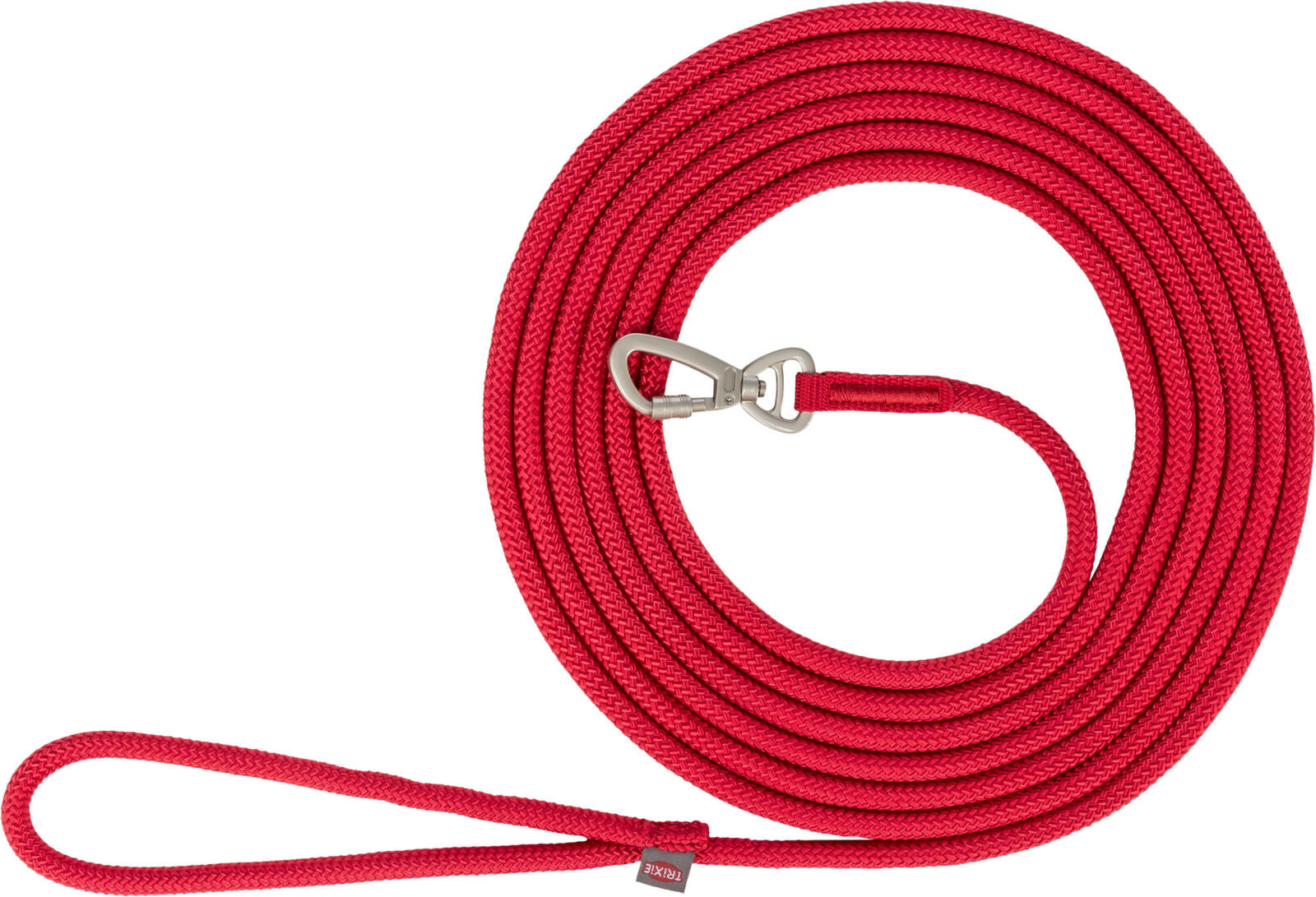 Rote, geflochtene Hundeleine mit silbernem Metallkarabiner und Schlaufe, aufgerollt dargestellt.