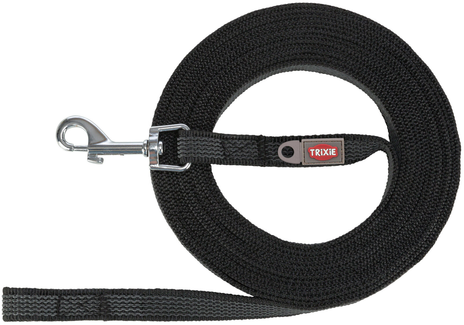 Schwarze Hundeleine mit Metallhaken, aufgerollt, mit rotem "TRIXIE"-Logo auf einem Etikett.