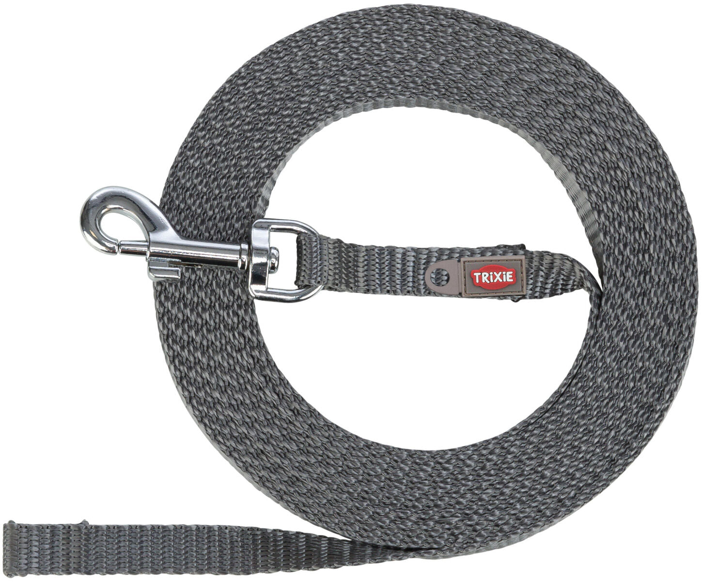 Graues Hundeleine mit Metallhaken, aufgerollt, und sichtbarem "Trixie"-Logo.