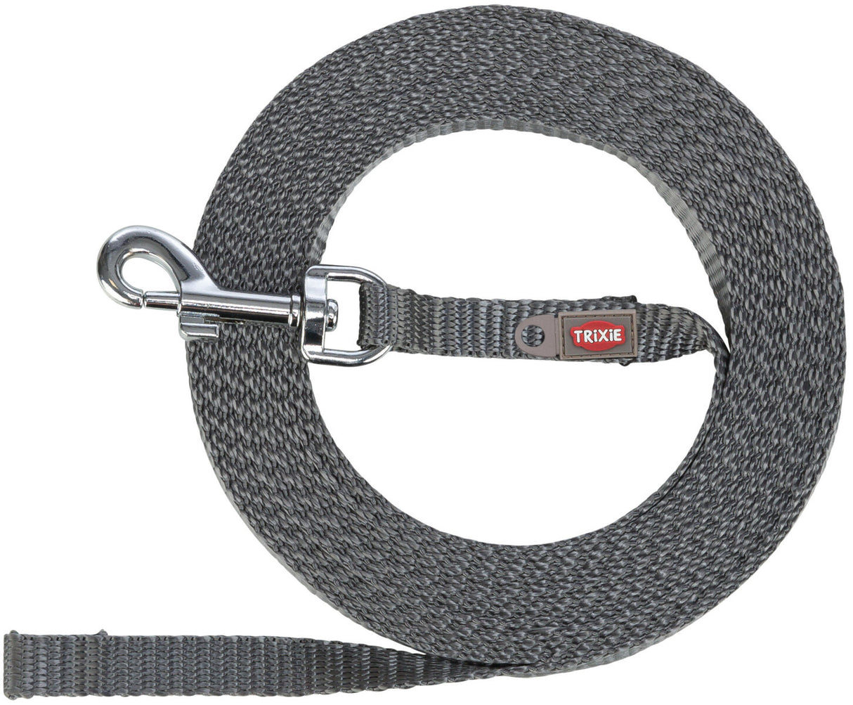 Graues Hundeleine mit Metallhaken, aufgerollt, und sichtbarem "Trixie"-Logo.