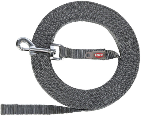 Graues Hundeleine mit Metallhaken, aufgerollt, und sichtbarem "Trixie"-Logo.