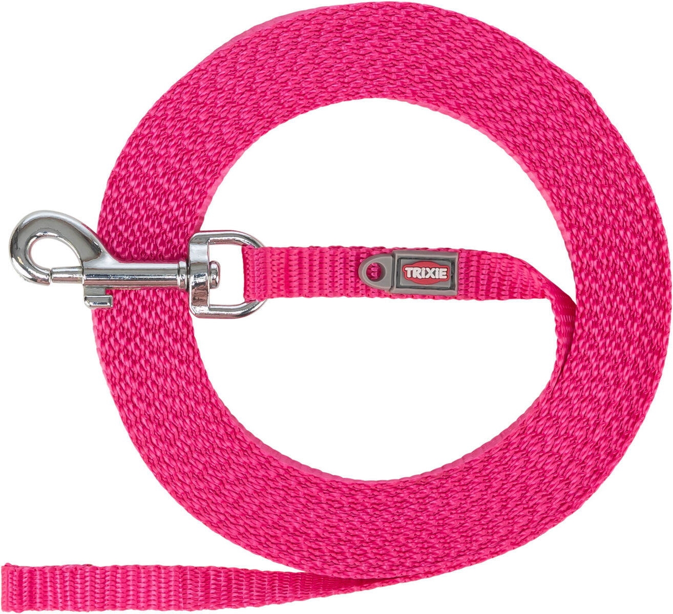 Pinke Hundeleine mit metallischem Karabinerhaken und Trixie-Logo, aufgerollt dargestellt.