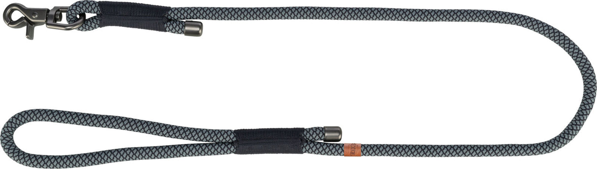 Graues Hundehalsband aus geflochtenem Material mit schwarzem Karabinerhaken und Lederschlaufe.