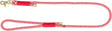 Rote Hundeleine mit goldfarbenem Karabinerhaken und gemustertem Seil aus Textil.
