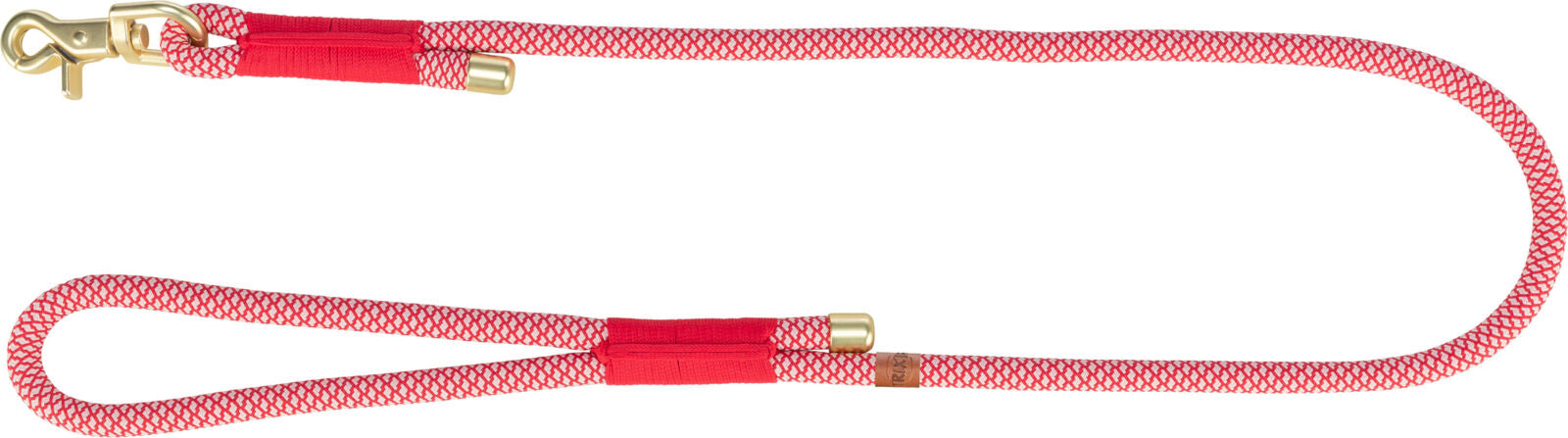 Rote Hundeleine mit goldfarbenem Karabinerhaken und gemustertem Seil aus Textil.