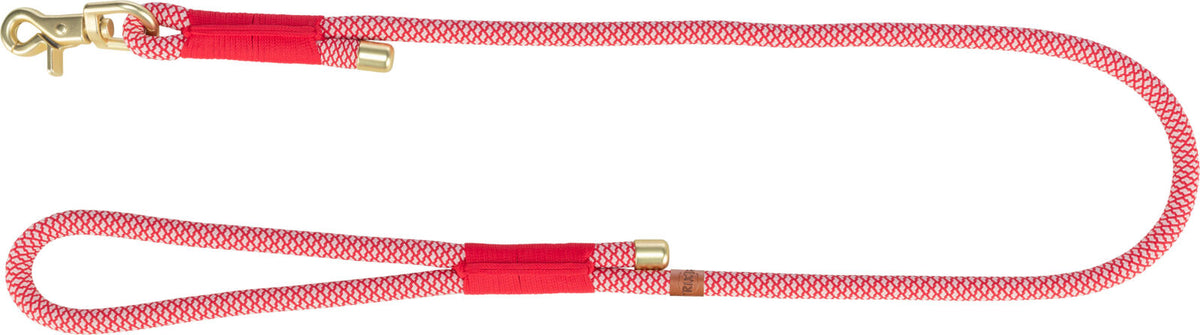 Rote Hundeleine mit goldfarbenem Karabinerhaken und gemustertem Seil aus Textil.