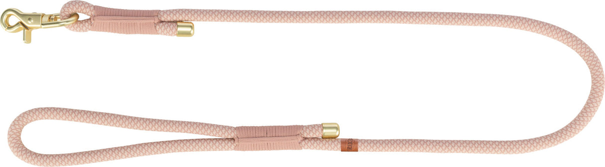 Rosa Hundeleine aus geflochtenem Material mit goldfarbenem Karabinerhaken und Schlaufe.
