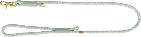 Grüne Hundeleine mit goldfarbenem Karabiner und Textilummantelung aus geflochtenem Material.
