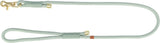 Grüne Hundeleine mit goldfarbenem Karabiner und Textilummantelung aus geflochtenem Material.