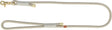 Beige Hundeleine mit goldfarbenem Karabiner und gewebtem Muster, Text "Ruff" auf braunem Etikett.