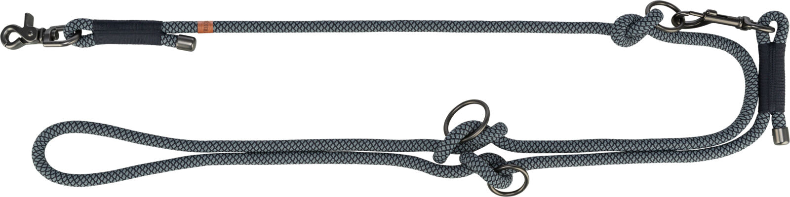 Graue Hundeleine mit Karabinerhaken und Verstellringen, im Flechtmusterdesign.