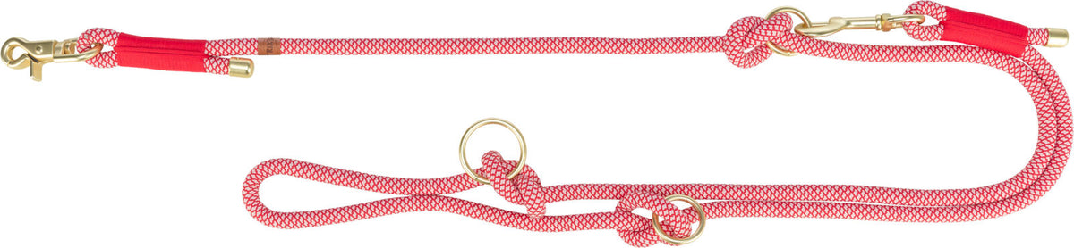 Rote Hundeleine mit goldenen Karabinern und Knoten, gewebte Struktur, D-Ring aus Metall.