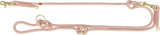 Rosa Hundeleine aus geflochtenem Seil mit goldfarbenen Karabinern und Ringen, Knoten entlang der Leine.