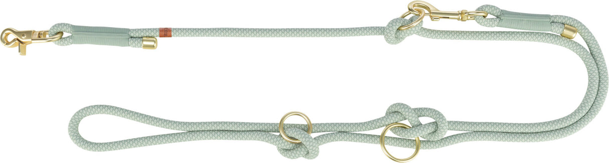 Grüne Hundeleine mit goldfarbenen Karabinerhaken und Ringen, geflochtenes Design, Lederdetails sichtbar.