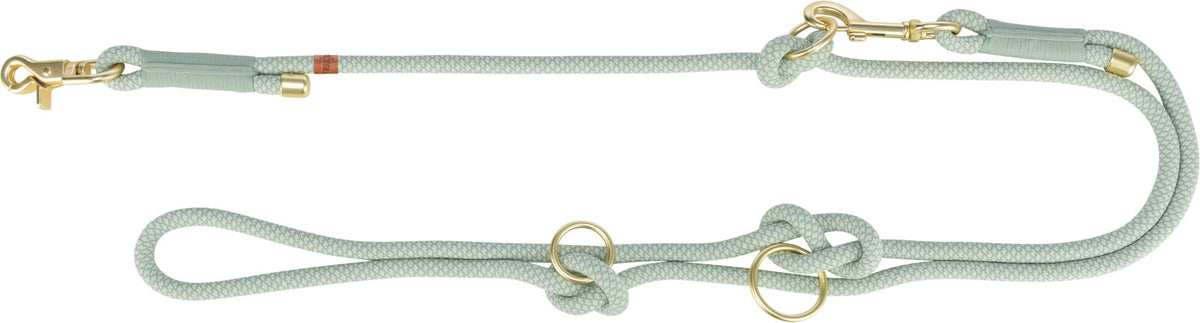 Grüne Hundeleine mit goldfarbenen Karabinerhaken und Ringen, geflochtenes Design, Lederdetails sichtbar.