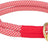 Rotes und weißes, gemustertes Seil mit Knoten, bestehend aus zwei goldenen Metallringen.