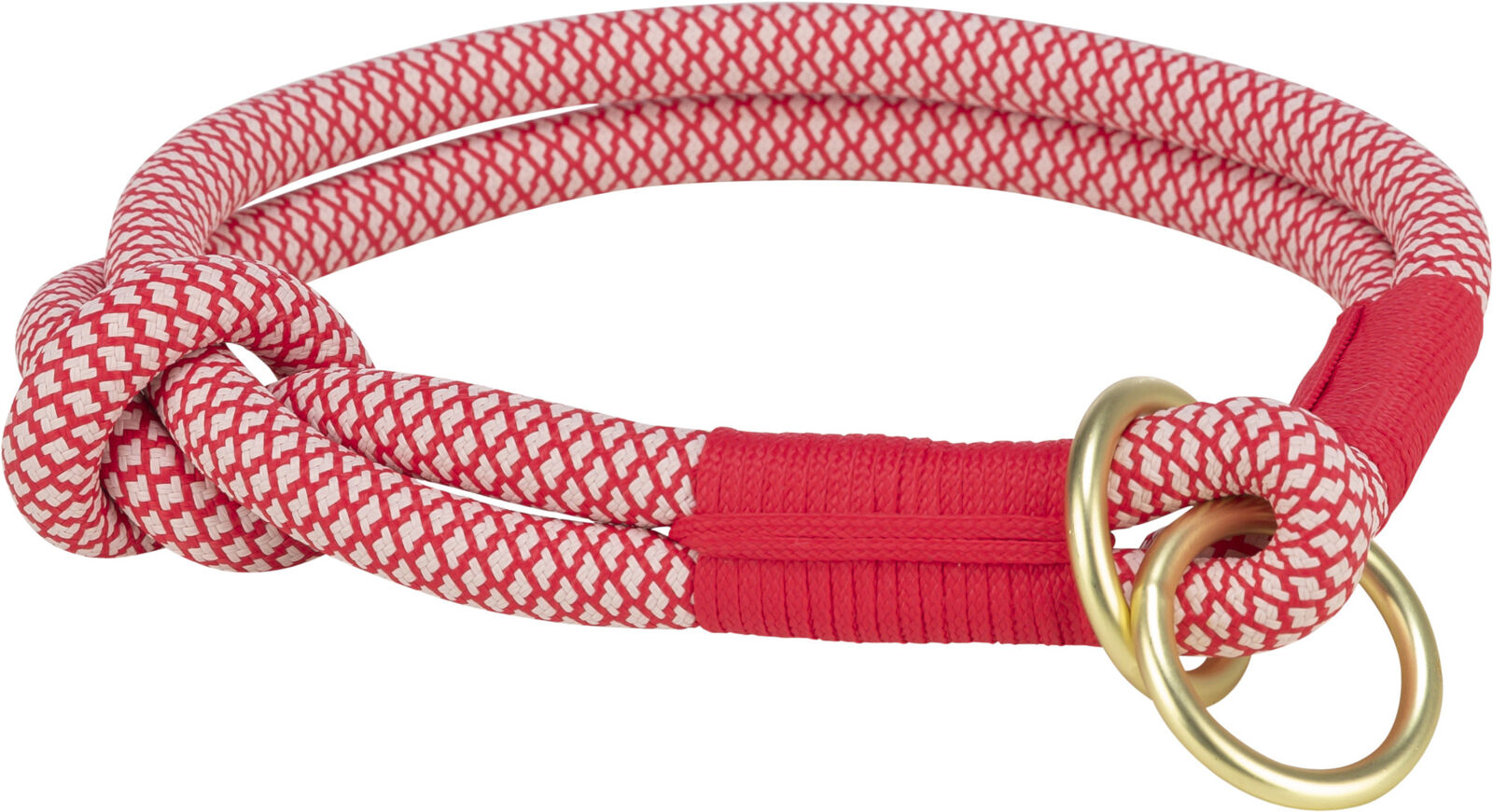 Rotes und weißes, gemustertes Seil mit Knoten, bestehend aus zwei goldenen Metallringen.