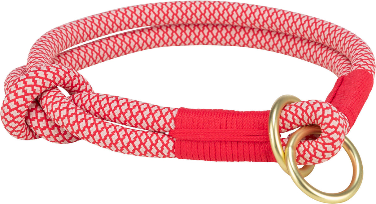 Rotes und weißes, gemustertes Seil mit Knoten, bestehend aus zwei goldenen Metallringen.