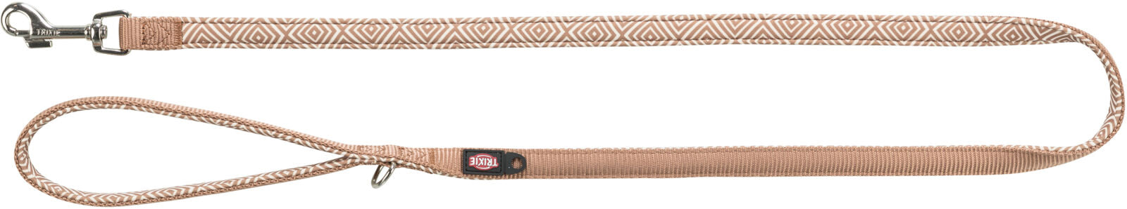 Beige Hundeleine mit geometrischem Muster und silbernem Karabinerhaken.