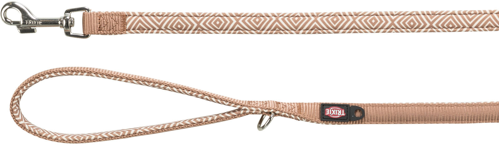 Beigefarbene Hundeleine mit geometrischem Muster und Metallclip, Marke Trixie, erkennbar.