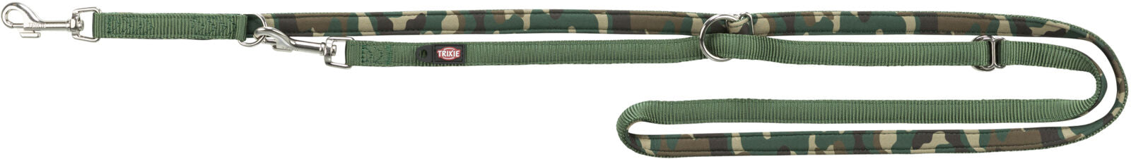 Grüne Hundeleine mit Camouflage-Muster und Metall-Schnallen, Label "TRIXIE" sichtbar.