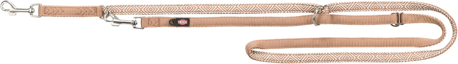 Beige Hundeleine mit geometrischem Muster, Metallhaken und Logo, vollständig ausgelegt.