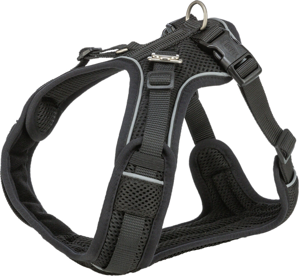 Schwarzes Hundegeschirr mit Mesh-Material und reflektierenden Streifen, verstellbaren Gurten und Klickverschluss.