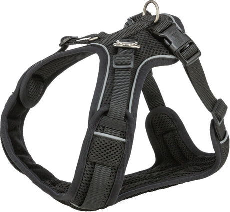 Schwarzes Hundegeschirr mit Mesh-Material und reflektierenden Streifen, verstellbaren Gurten und Klickverschluss.