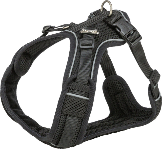 Schwarzes Hundegeschirr mit Mesh-Material und reflektierenden Streifen, verstellbaren Gurten und Klickverschluss.