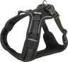 Schwarzes Hundegeschirr mit Mesh-Material und reflektierenden Streifen, verstellbaren Gurten und Klickverschluss.