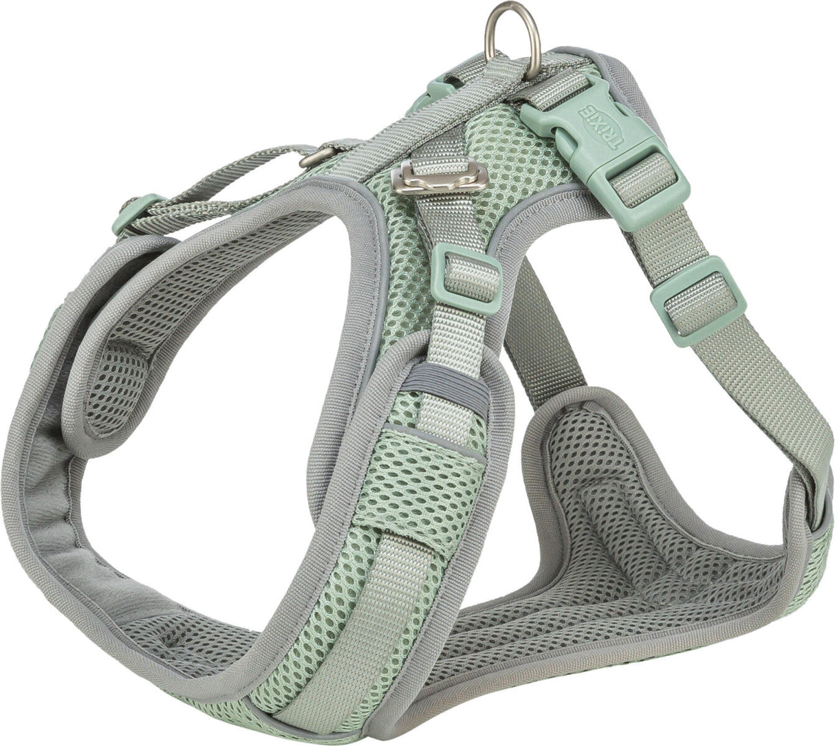 Graues und grünes Hundegeschirr mit verstellbaren Riemen und Mesh-Polsterung, Metallschnallen und D-Ring.