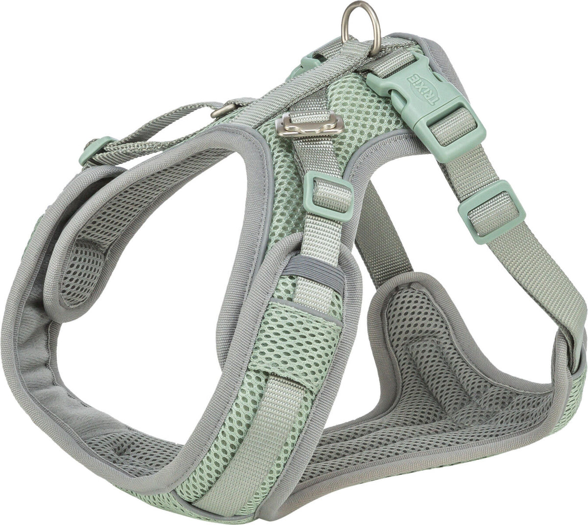 Graues und grünes Hundegeschirr mit verstellbaren Riemen und Mesh-Polsterung, Metallschnallen und D-Ring.