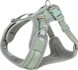 Graues und grünes Hundegeschirr mit verstellbaren Riemen und Mesh-Polsterung, Metallschnallen und D-Ring.