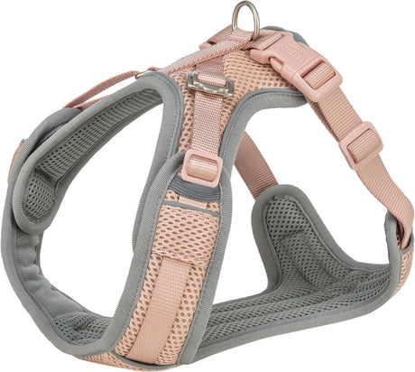 Ein beige-graues, aus Mesh-Material gefertigtes Hundegeschirr mit verstellbaren Gurten und einem Metallring.