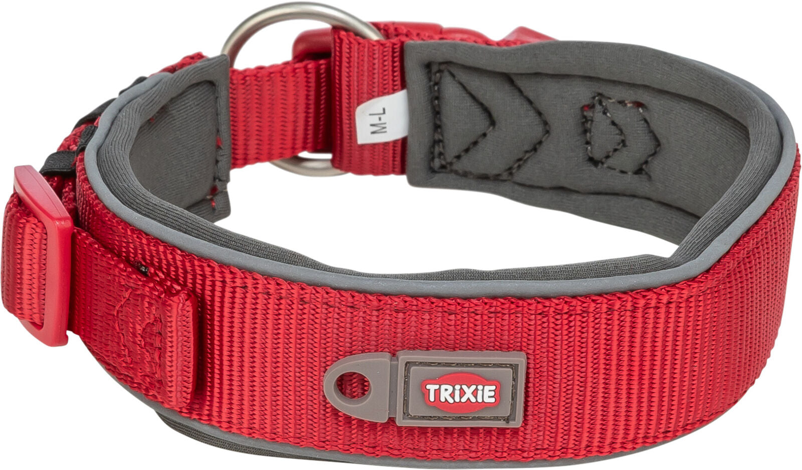Rotes Hundehalsband mit grauem Innenfutter und einer Schnalle, darauf das Logo "TRIXIE" in Weiß auf Rot.