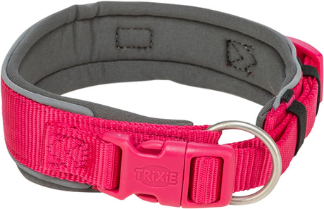 Rosa Hundehalsband mit Klickverschluss und silbernem Metallring, graue Innenpolsterung, Marke "TRIXIE".